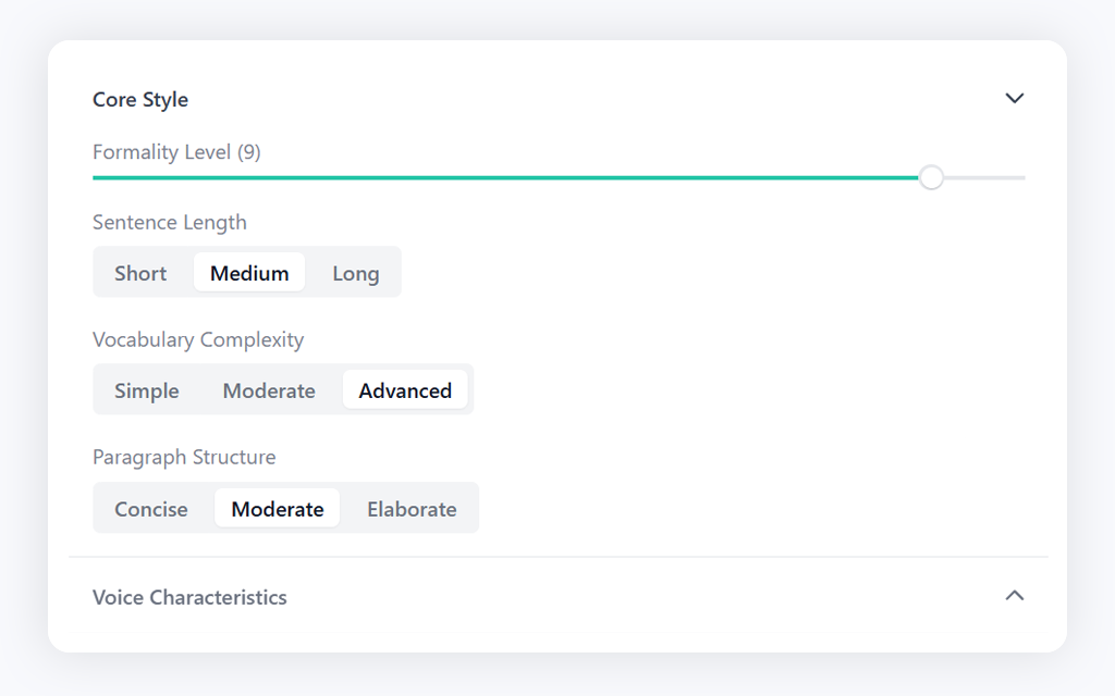 SelfProse interface showing options to customize formality, sentence length, vocabulary complexity, and paragraph structure to create personalized writing personas.