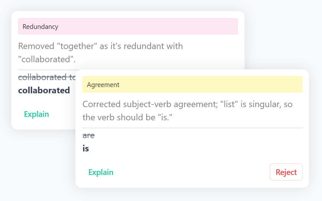 Grammar correction explanation dialog in SelfProse providing educational feedback on using the correct word form.