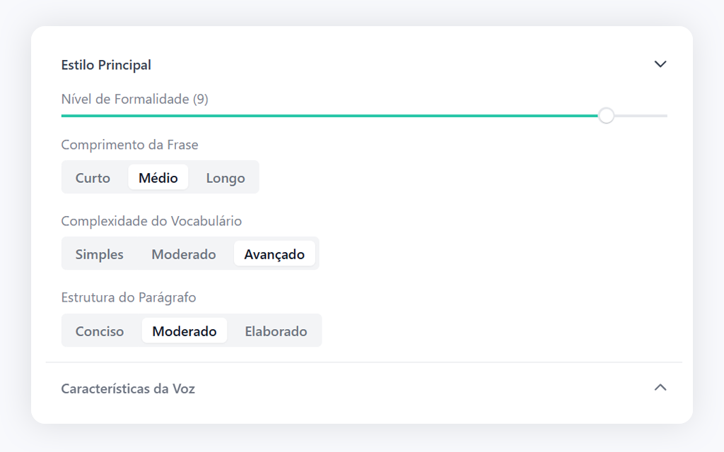 SelfProse interface showing options to customize formality, sentence length, vocabulary complexity, and paragraph structure to create personalized writing personas.